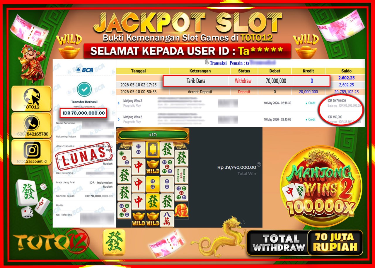 HANYA DI TOTO12 JP PASTI DI BAYAR LUNAS DAN CEPAT!!!!!! JACKPOT SLOT GAME (MAHJONG WINS 2) Rp70.000.000!!!!