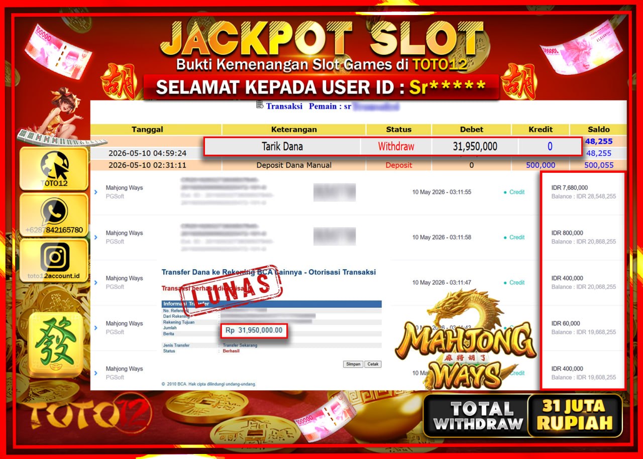 HANYA DI TOTO12 JP PASTI DI BAYAR LUNAS DAN CEPAT!!!!!! JACKPOT SLOT GAME (MAHJONG WAYS) Rp31.950.000!!!!