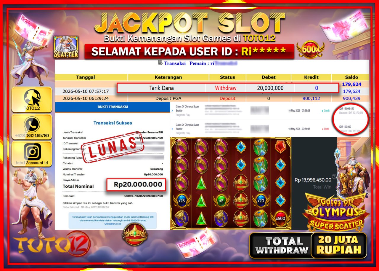 HANYA DI TOTO12 JP PASTI DI BAYAR LUNAS DAN CEPAT!!!!!! JACKPOT SLOT GAME (GATES OF OLYMPUS SUPER SCATTER) Rp20.000.000!!!!