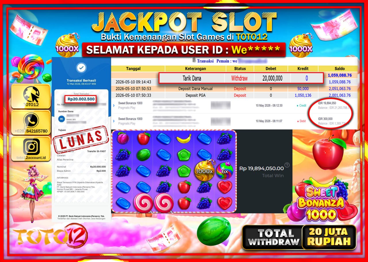 HANYA DI TOTO12 JP PASTI DI BAYAR LUNAS DAN CEPAT!!!!!! JACKPOT SLOT GAME (SWEET BONANZA 1000) Rp20.000.000!!!!