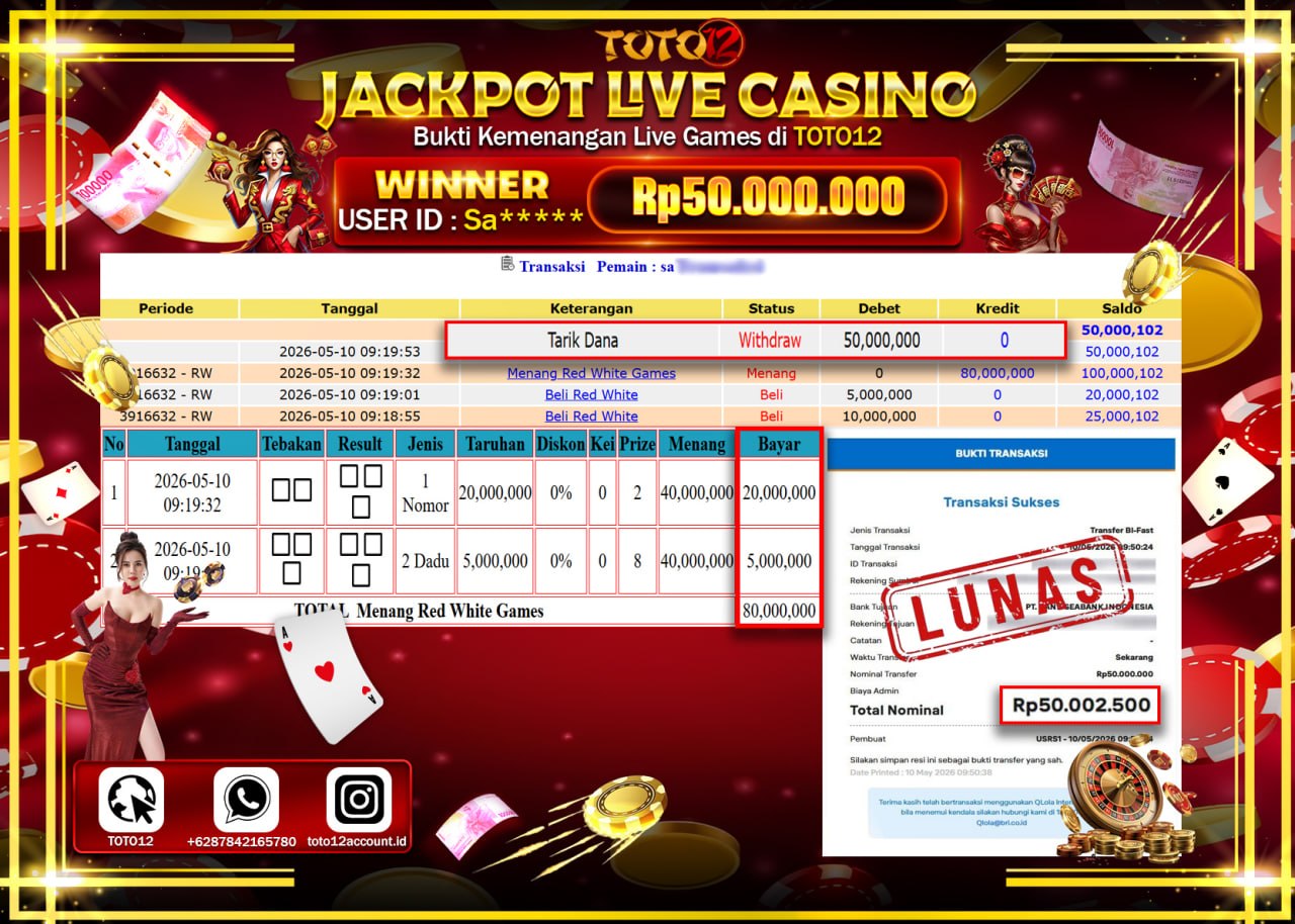 HANYA DI TOTO12 JP PASTI DI BAYAR LUNAS DAN CEPAT!!!!!! JACKPOT  LIVE GAME CASINO (RED WHITE) Rp50.000.000!!!!