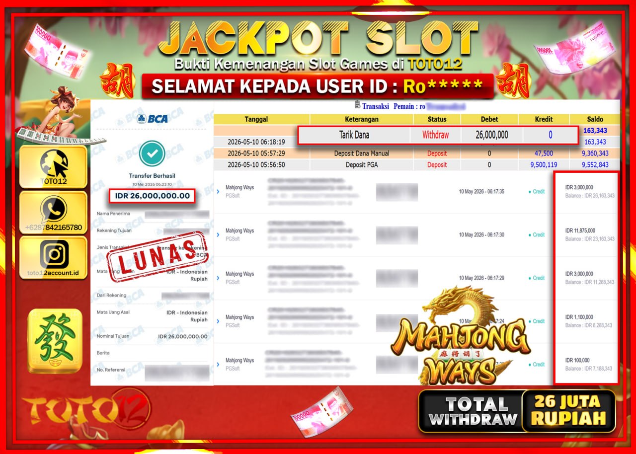 HANYA DI TOTO12 JP PASTI DI BAYAR LUNAS DAN CEPAT!!!!!! JACKPOT SLOT GAME (MAHJONG WAYS) Rp26.000.000!!!!