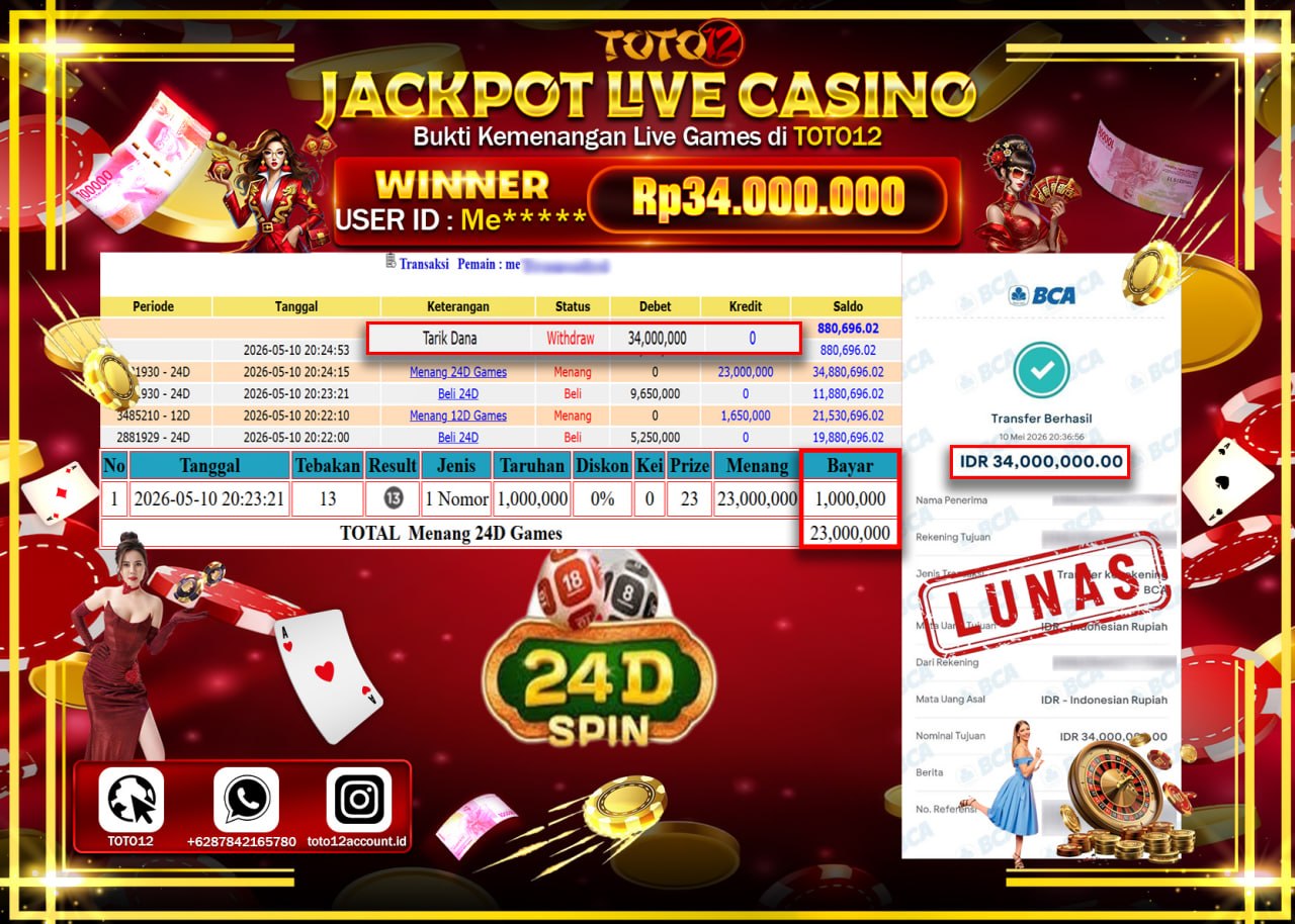 HANYA DI TOTO12 JP PASTI DI BAYAR LUNAS DAN CEPAT!!!!!! JACKPOT  LIVE GAME CASINO (24D) Rp34.000.000!!!!