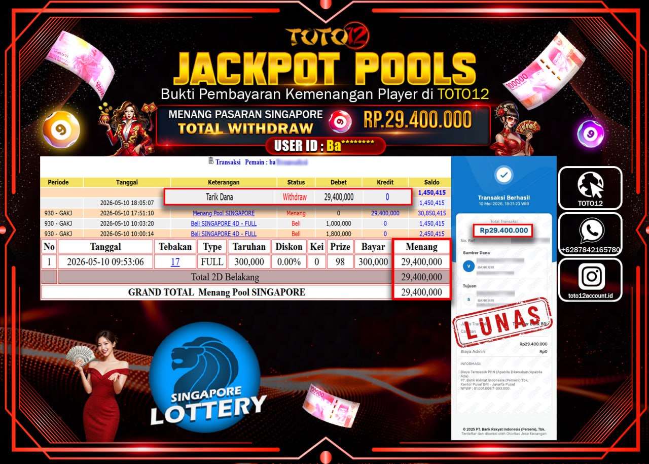 HANYA DI TOTO12 JP PASTI DI BAYAR LUNAS DAN CEPAT!!!!!! JACKPOT POOLS PASARAN (SINGAPORE) Rp29.400.000!!!!
