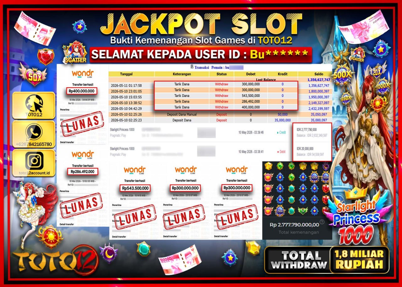HANYA DI TOTO12 JP PASTI DI BAYAR LUNAS DAN CEPAT!!!!!! JACKPOT SLOT GAME (STARLIGHT PRINCESS 1000) Rp1.829.992.000!!!!