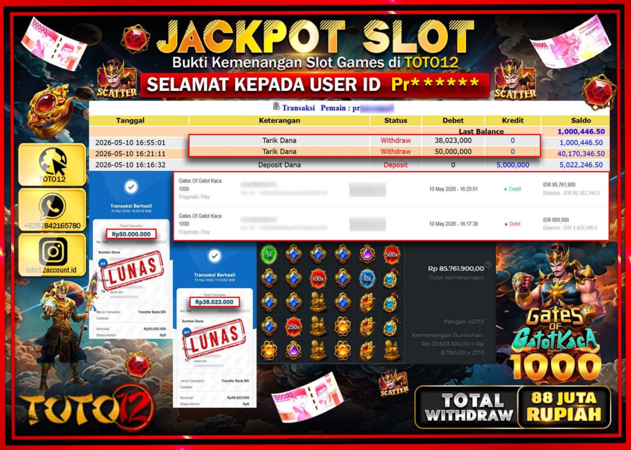 HANYA DI TOTO12 JP PASTI DI BAYAR LUNAS DAN CEPAT!!!!!! JACKPOT SLOT GAME (GATES OF GATOTKACA 1000) Rp88.023.000!!!!