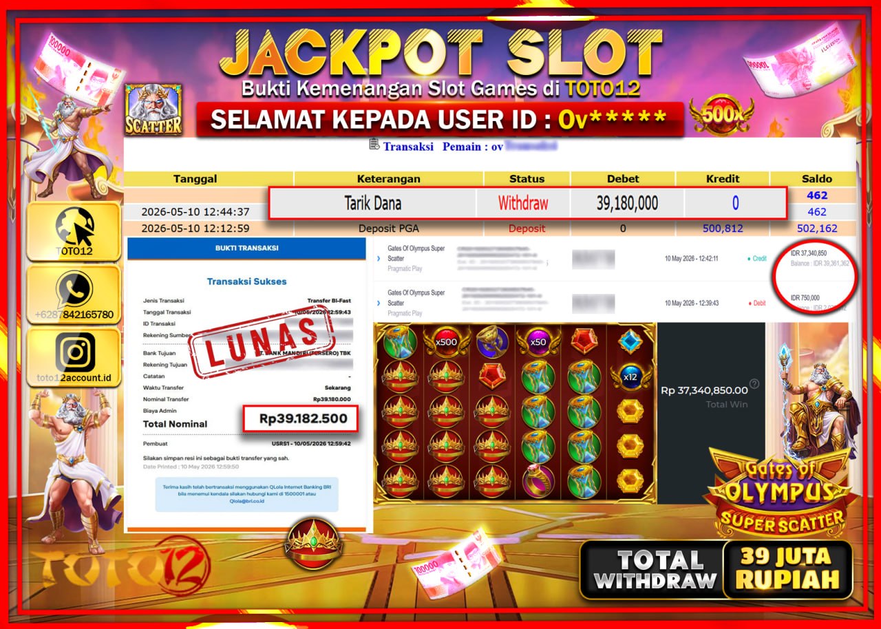 HANYA DI TOTO12 JP PASTI DI BAYAR LUNAS DAN CEPAT!!!!!! JACKPOT SLOT GAME (GATES OF OLYMPUS SUPER SCATTER) Rp39.180.000!!!!