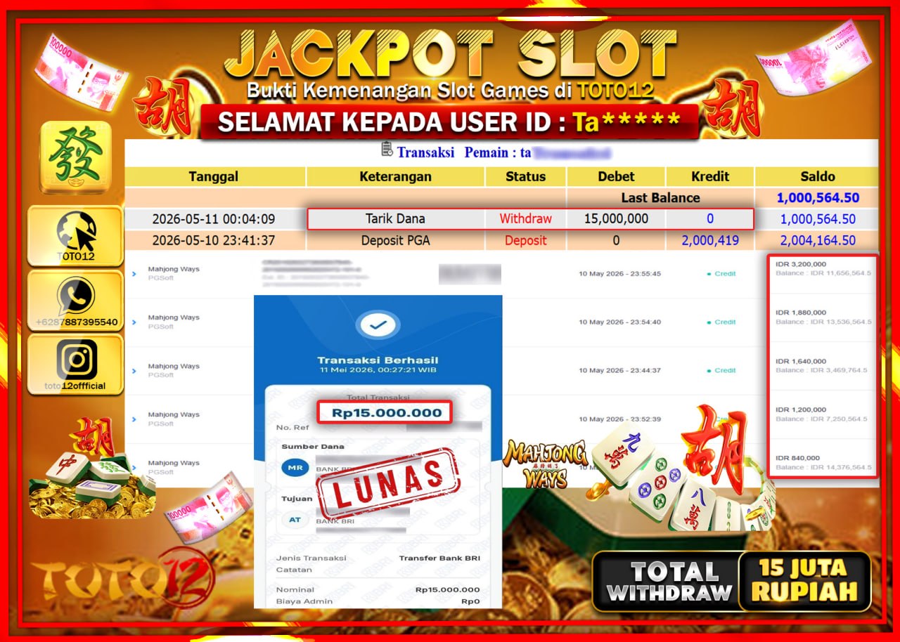 HANYA DI TOTO12 JP PASTI DI BAYAR LUNAS DAN CEPAT!!!!!! JACKPOT SLOT GAME (MAHJONG WAYS) Rp15.000.000!!!!