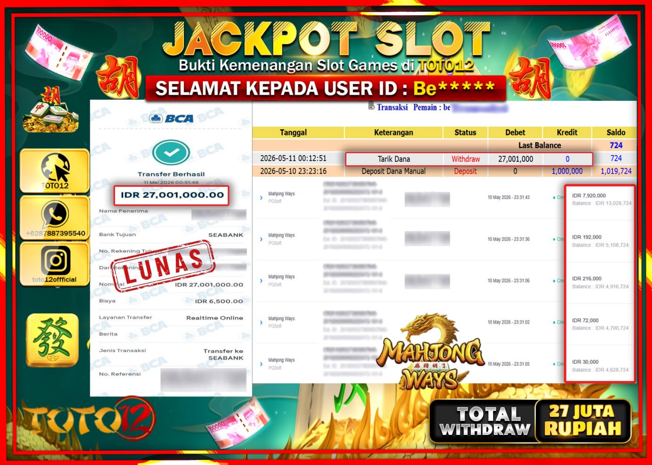HANYA DI TOTO12 JP PASTI DI BAYAR LUNAS DAN CEPAT!!!!!! JACKPOT SLOT GAME (MAHJONG WAYS) Rp27.001.000!!!!