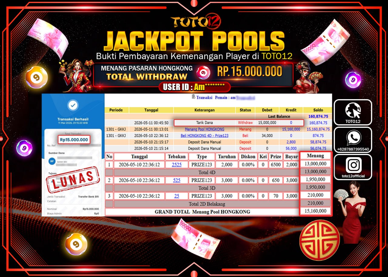 HANYA DI TOTO12 JP PASTI DI BAYAR LUNAS DAN CEPAT!!!!!! JACKPOT POOLS PASARAN (HONGKONG) Rp15.000.000!!!!