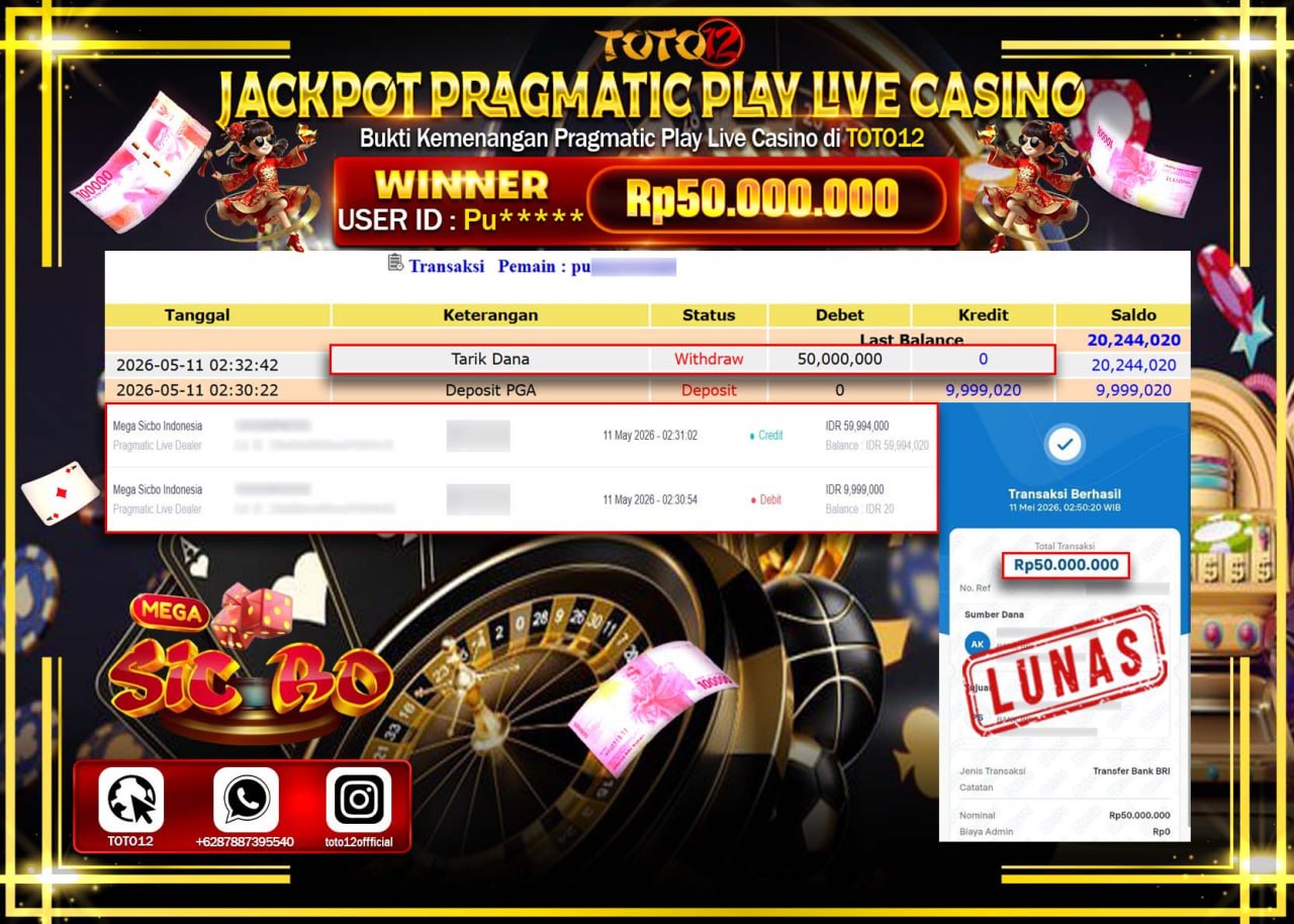 HANYA DI TOTO12 JP PASTI DI BAYAR LUNAS DAN CEPAT!!!!!! JACKPOT PRAGMATIC PLAY LIVE GAME CASINO (MEGA SICBO INDONESIA) Rp50.000.000!!!!