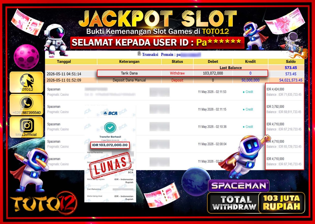 HANYA DI TOTO12 JP PASTI DI BAYAR LUNAS DAN CEPAT!!!!!! JACKPOT SLOT GAME (SPACEMAN) Rp103.072.000!!!!