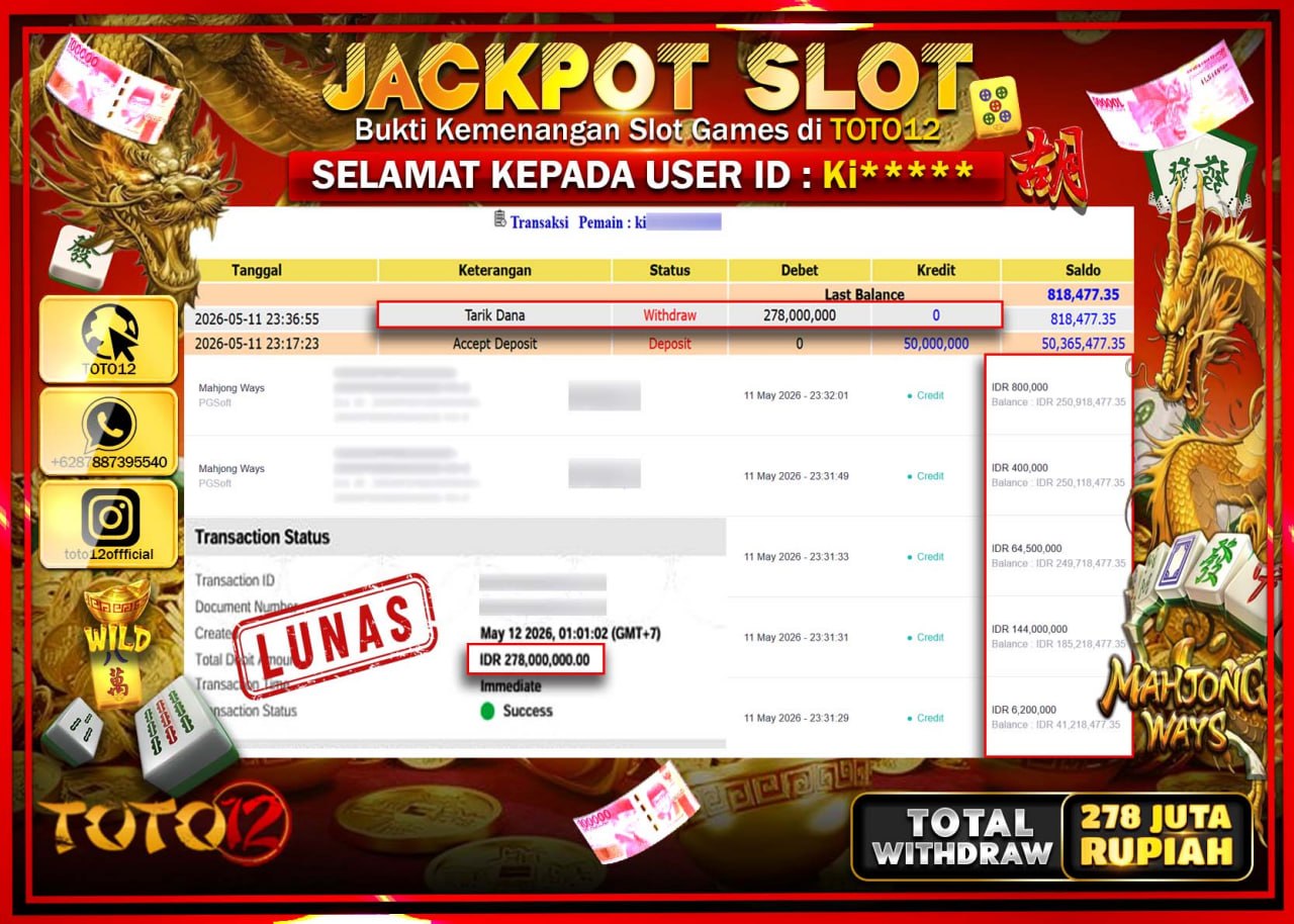 HANYA DI TOTO12 JP PASTI DI BAYAR LUNAS DAN CEPAT!!!!!! JACKPOT SLOT GAME (MAHJONG WAYS) Rp278.000.000!!!!
