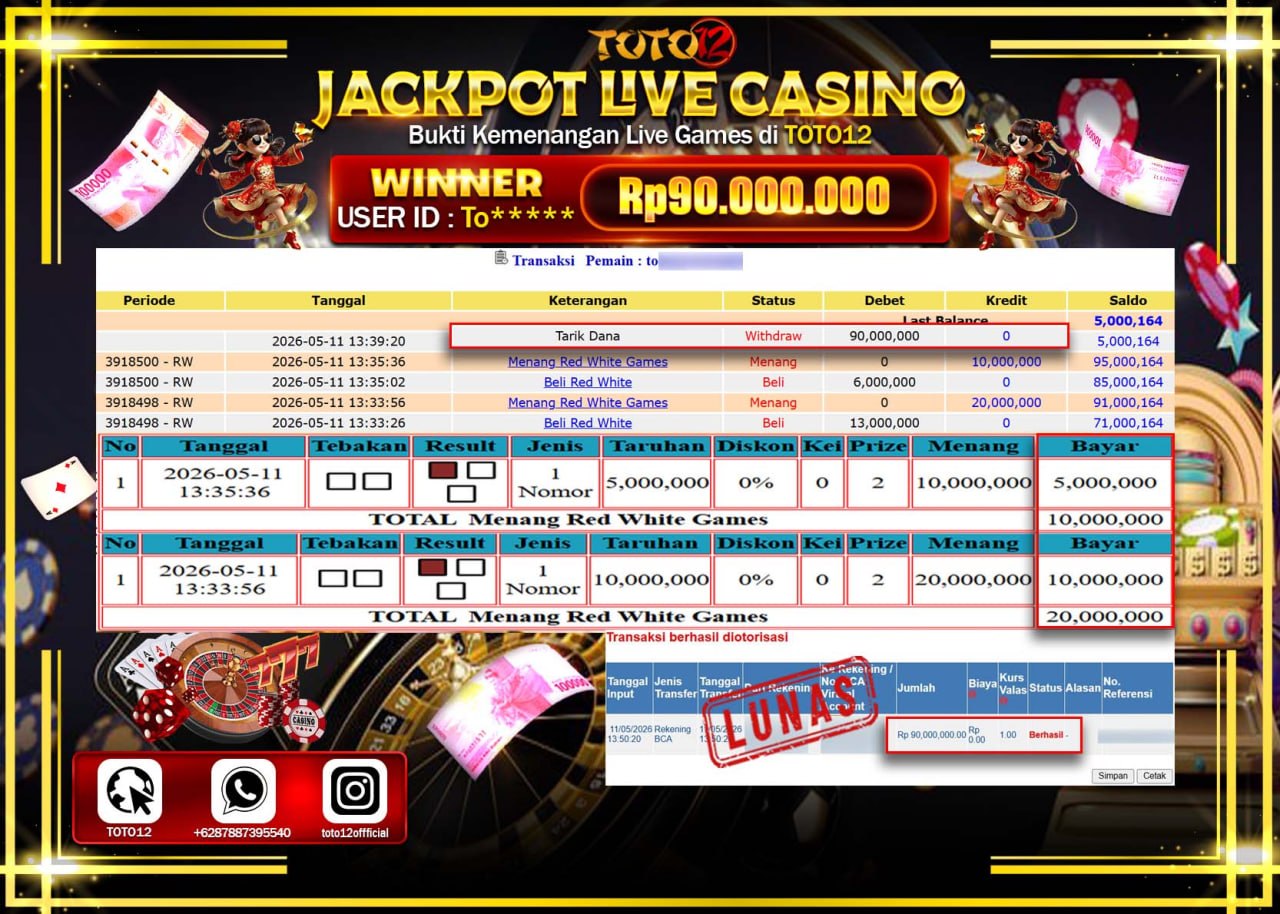 HANYA DI TOTO12 JP PASTI DI BAYAR LUNAS DAN CEPAT!!!!!! JACKPOT  LIVE GAME CASINO (RED WHITE) Rp90.000.000!!!!