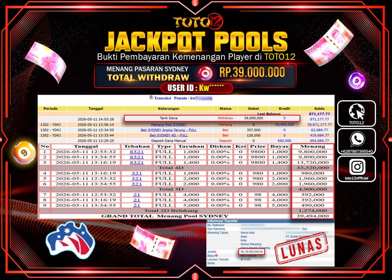 HANYA DI TOTO12 JP PASTI DI BAYAR LUNAS DAN CEPAT!!!!!! JACKPOT POOLS PASARAN (SYDNEY) Rp39.000.000!!!!