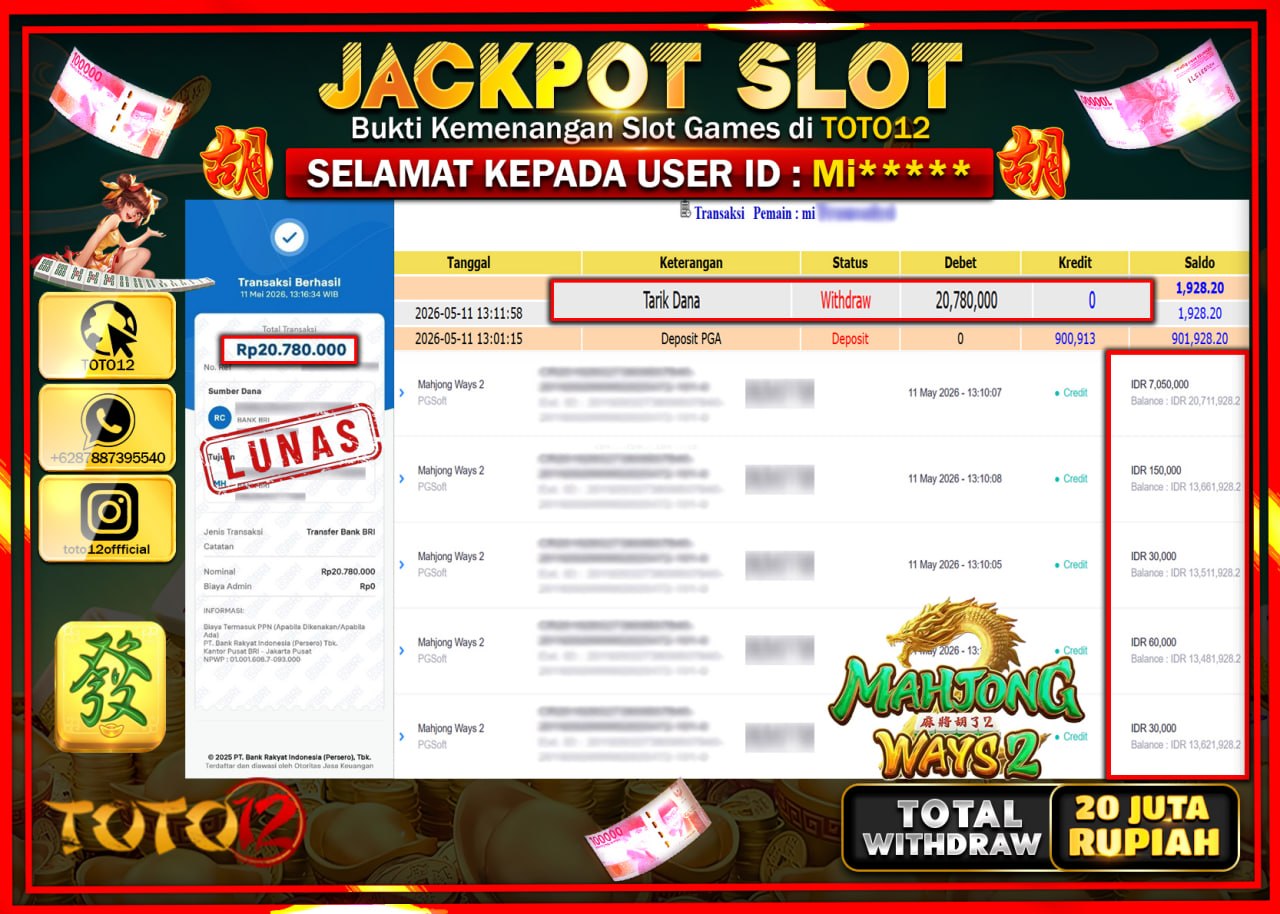 HANYA DI TOTO12 JP PASTI DI BAYAR LUNAS DAN CEPAT!!!!!! JACKPOT SLOT GAME (MAHJONG WAYS 2) Rp20.780.000!!!!