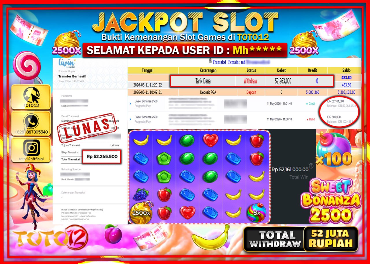 HANYA DI TOTO12 JP PASTI DI BAYAR LUNAS DAN CEPAT!!!!!! JACKPOT SLOT GAME (SWEET BONANZA 2500) Rp52.263.000!!!!