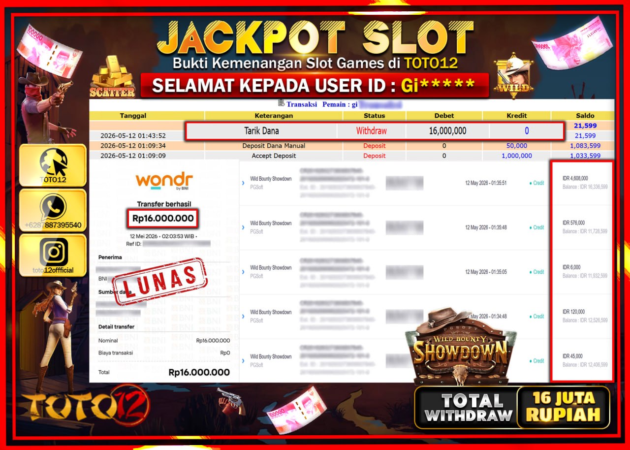HANYA DI TOTO12 JP PASTI DI BAYAR LUNAS DAN CEPAT!!!!!! JACKPOT SLOT GAME (WILD BOUNTY SHOWDOWN) Rp16.000.000!!!!