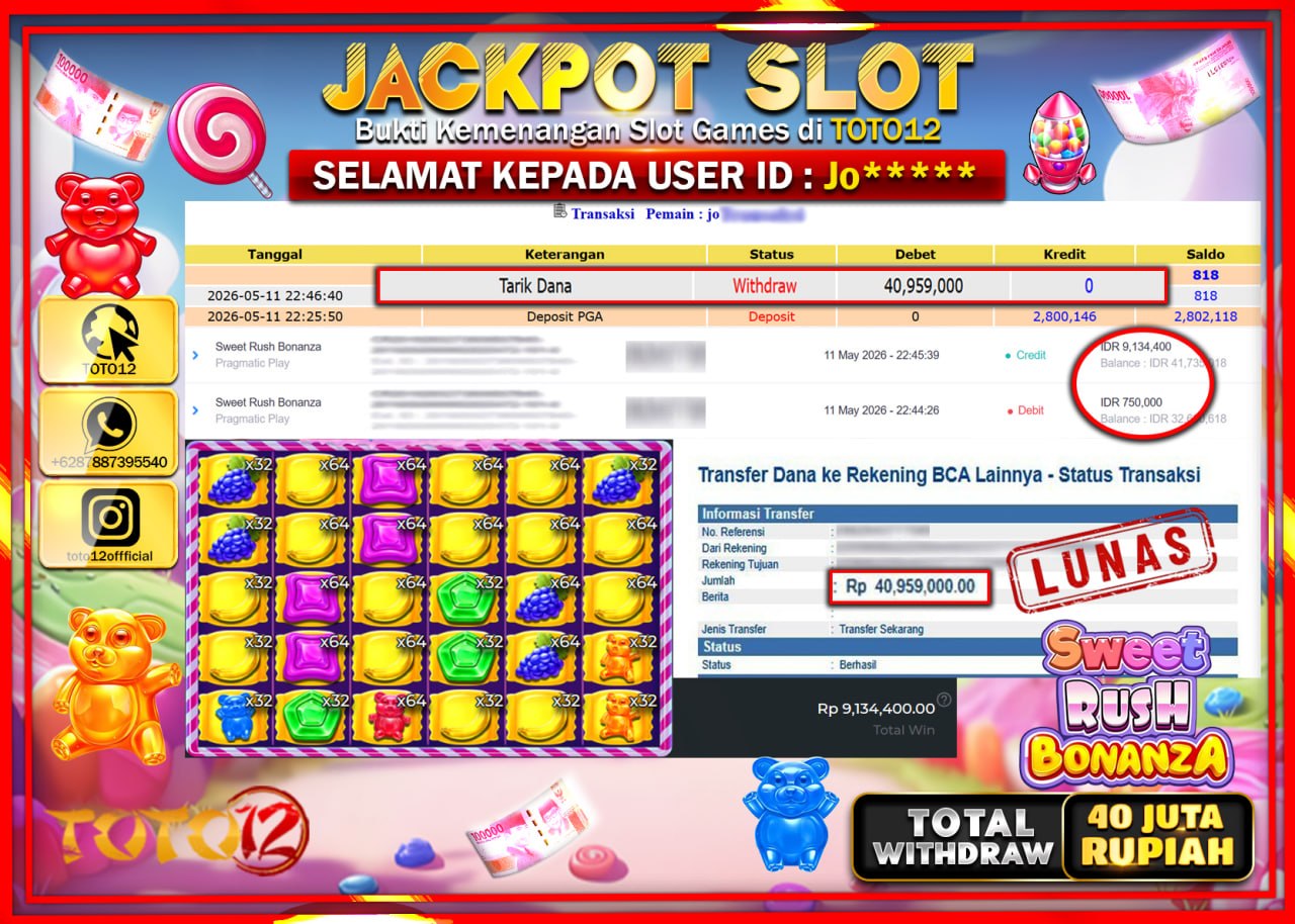 HANYA DI TOTO12 JP PASTI DI BAYAR LUNAS DAN CEPAT!!!!!! JACKPOT SLOT GAME (SWEET RUSH BONANZA) Rp40.959.000!!!!