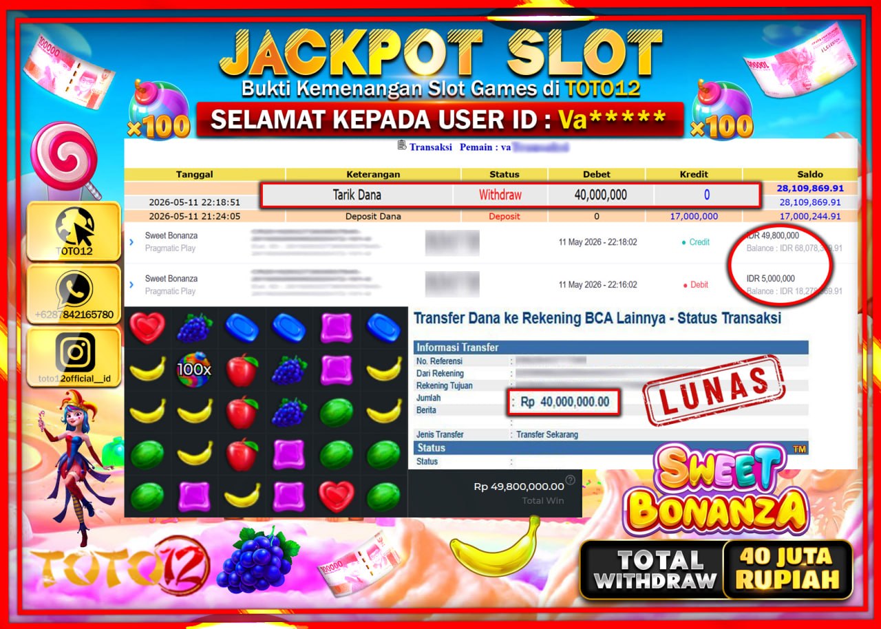 HANYA DI TOTO12 JP PASTI DI BAYAR LUNAS DAN CEPAT!!!!!! JACKPOT SLOT GAME (SWEET BONANZA) Rp40.000.000!!!!