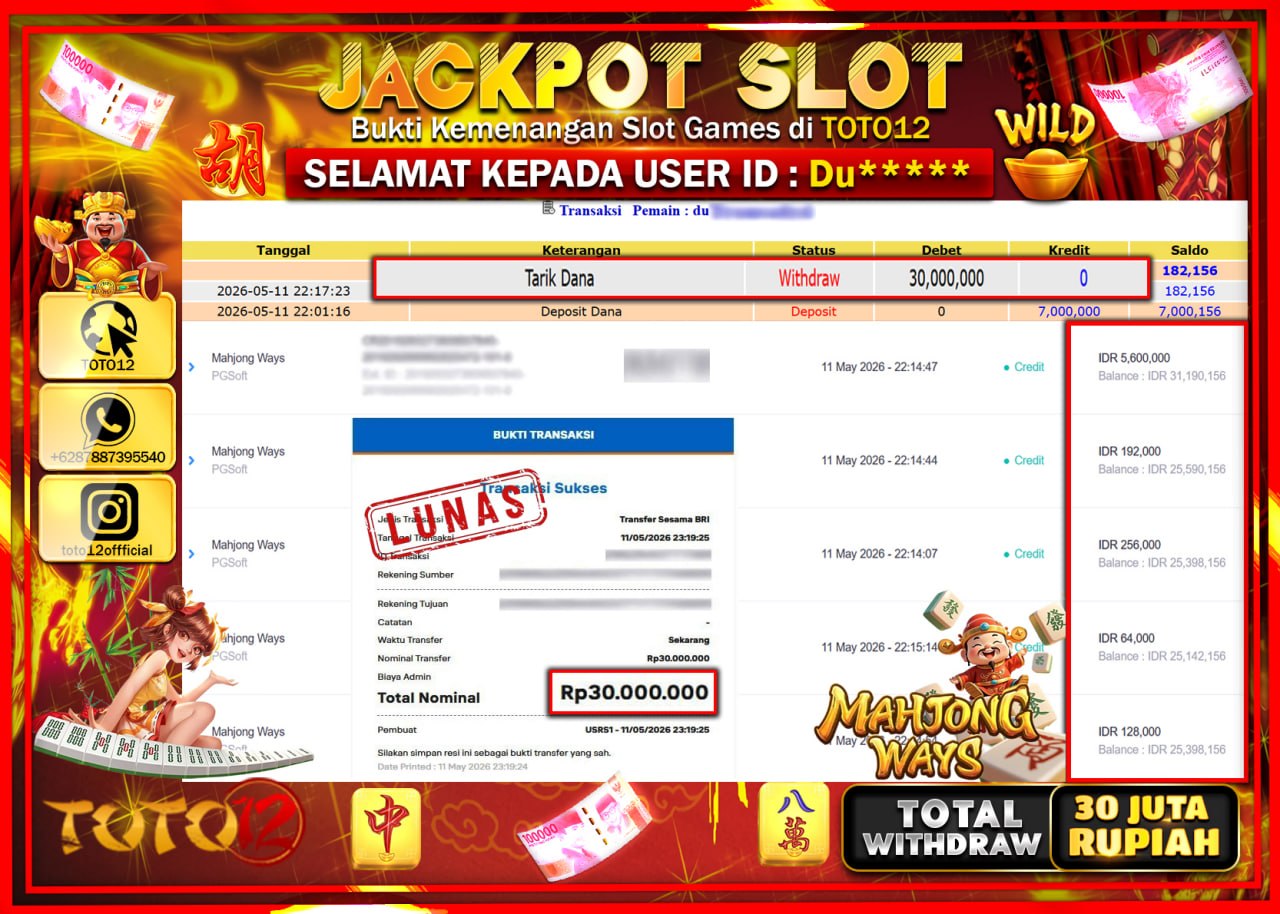 HANYA DI TOTO12 JP PASTI DI BAYAR LUNAS DAN CEPAT!!!!!! JACKPOT SLOT GAME (MAHJONG WAYS) Rp30.000.000!!!!