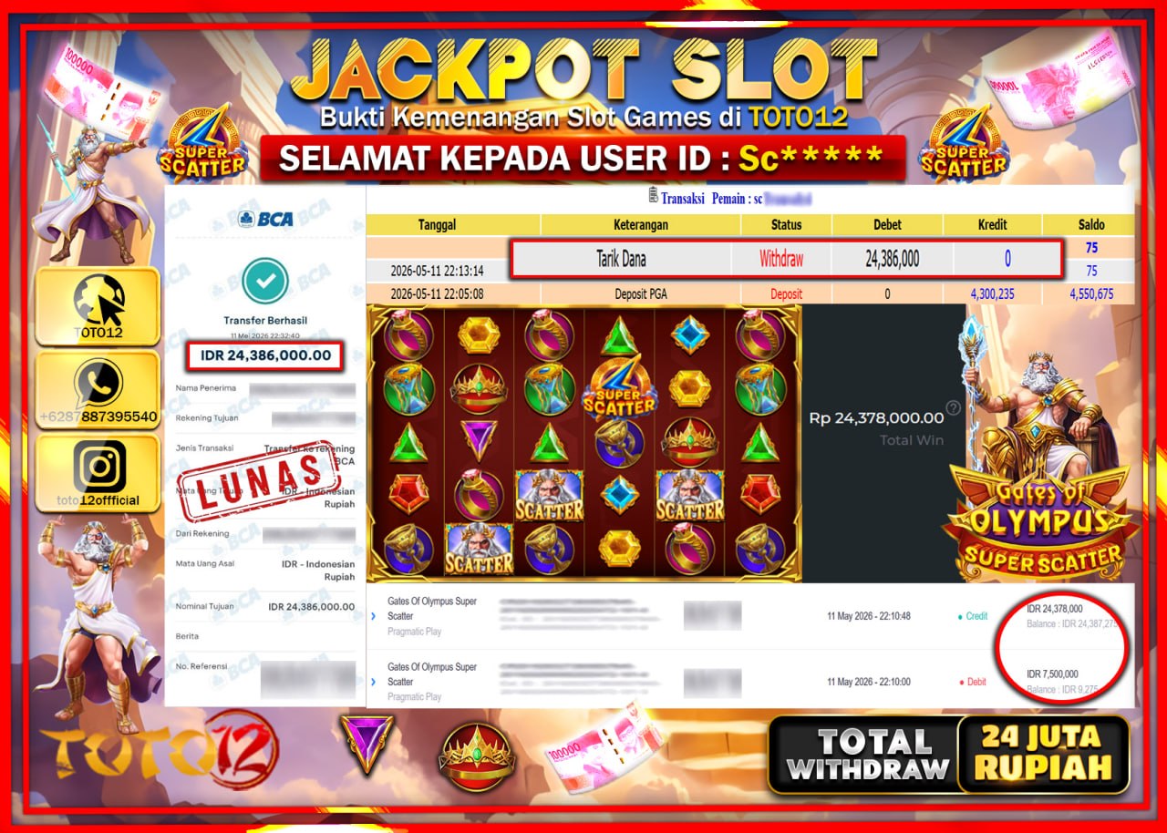HANYA DI TOTO12 JP PASTI DI BAYAR LUNAS DAN CEPAT!!!!!! JACKPOT SLOT GAME (GATES OF OLYMPUS SUPER SCATTER) Rp24.386.000!!!!