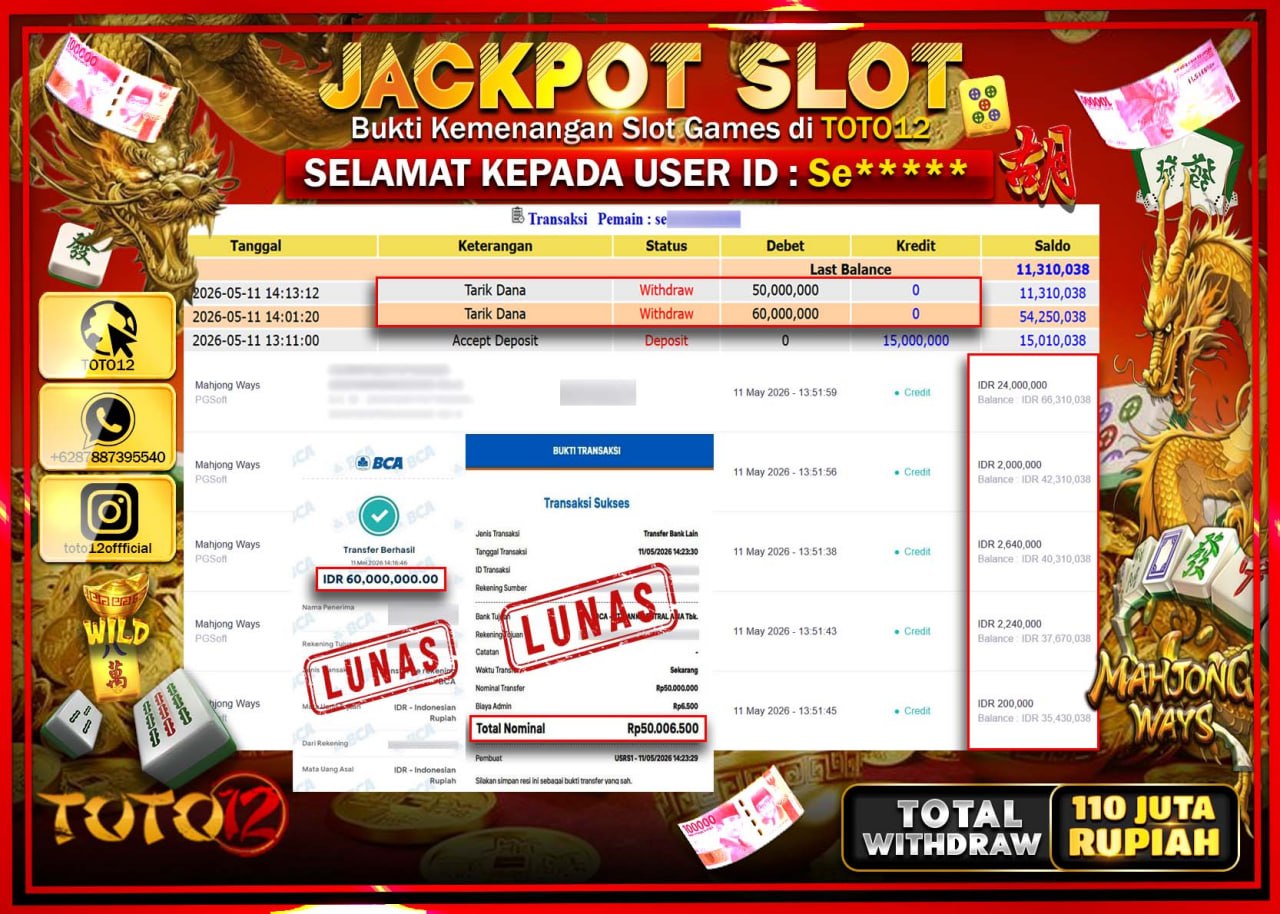 HANYA DI TOTO12 JP PASTI DI BAYAR LUNAS DAN CEPAT!!!!!! JACKPOT SLOT GAME (MAHJONG WAYS) Rp110.000.000!!!!