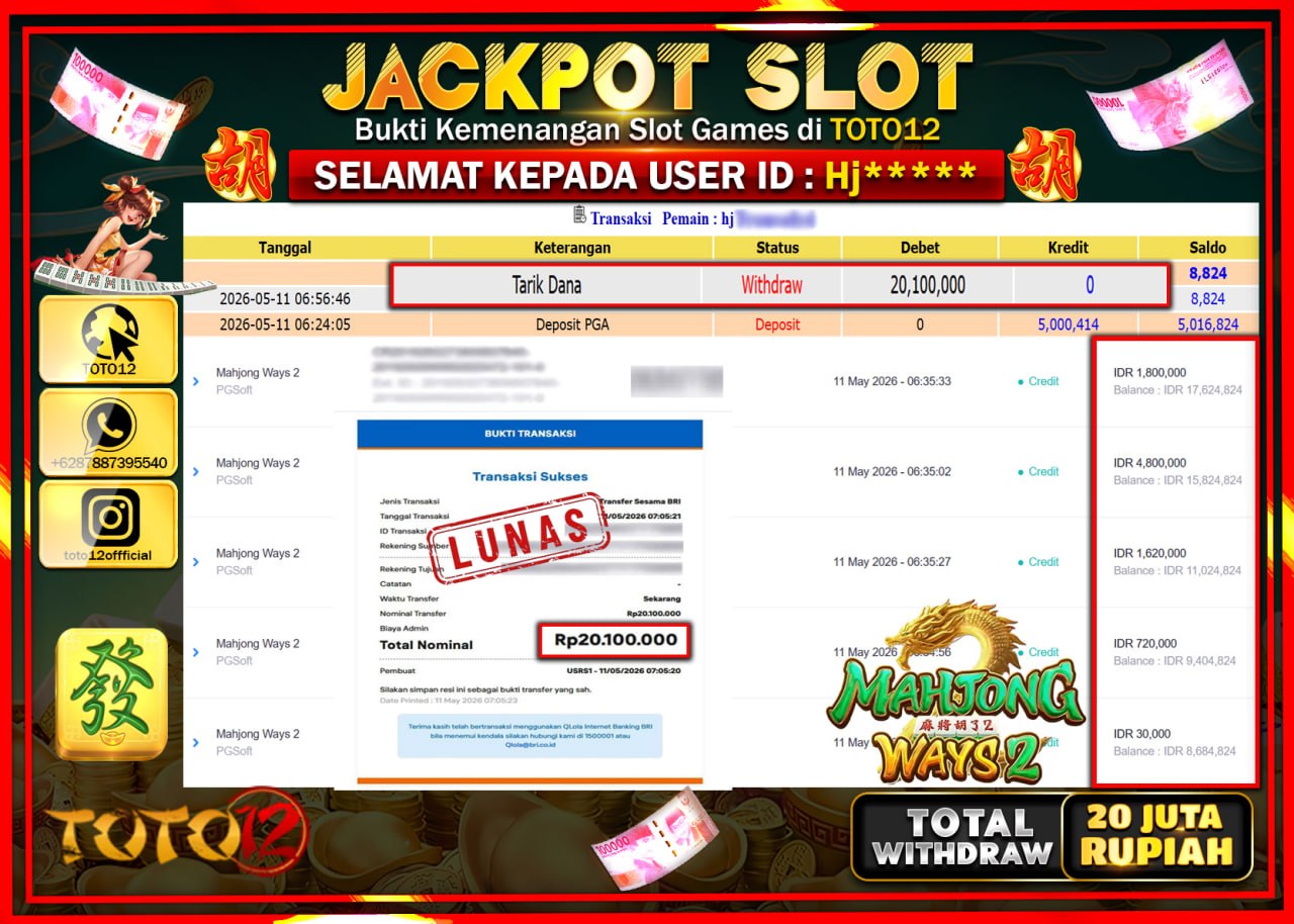 HANYA DI TOTO12 JP PASTI DI BAYAR LUNAS DAN CEPAT!!!!!! JACKPOT SLOT GAME (MAHJONG WAYS 2) Rp20.100.000!!!!