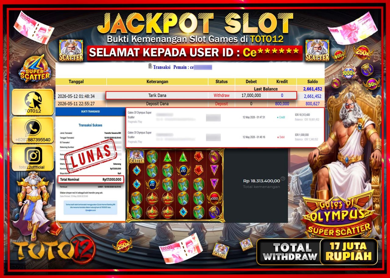 HANYA DI TOTO12 JP PASTI DI BAYAR LUNAS DAN CEPAT!!!!!! JACKPOT SLOT GAME (GATES OF OLYMPUS SUPER SCATTER) Rp17.000.000!!!!