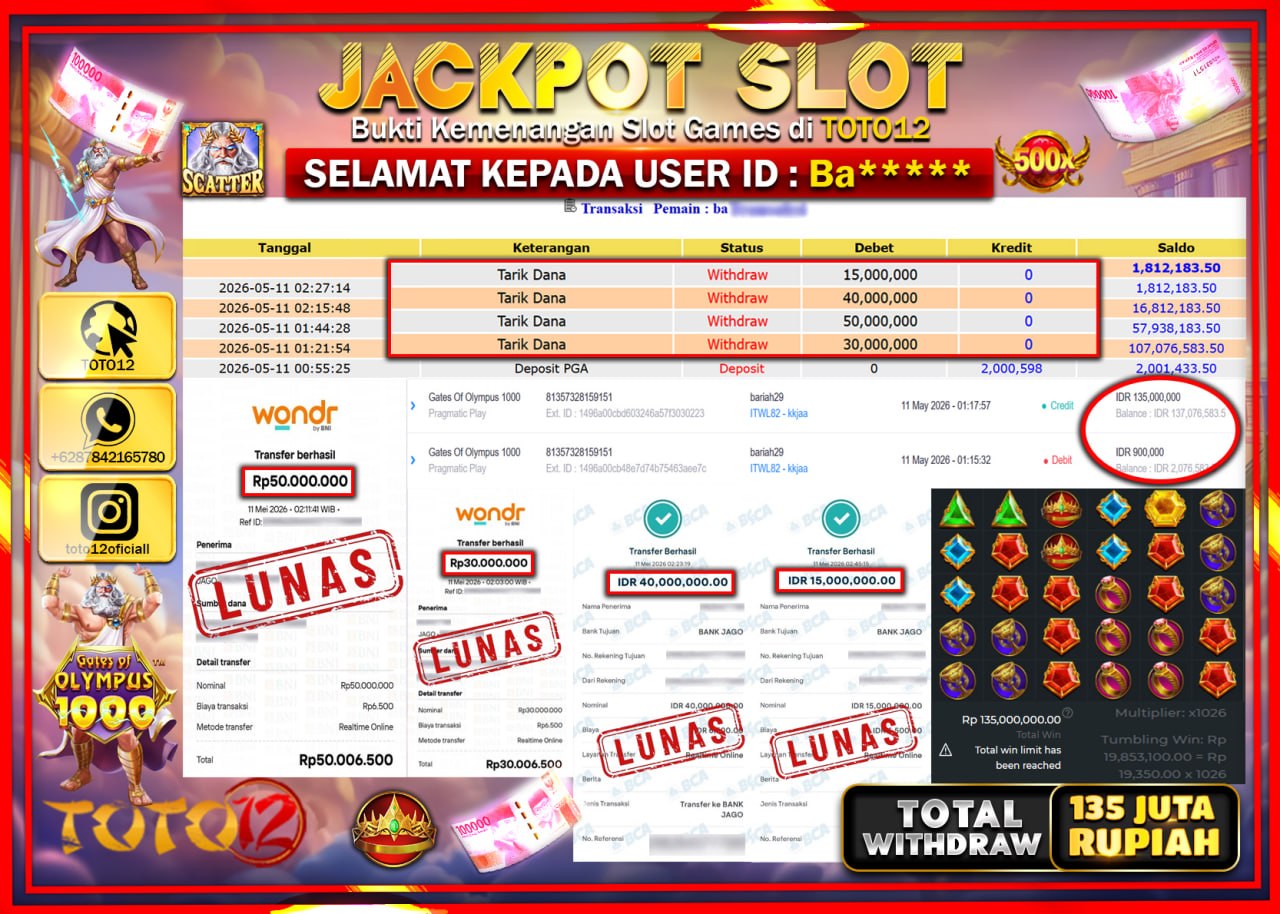 HANYA DI TOTO12 JP PASTI DI BAYAR LUNAS DAN CEPAT!!!!!! JACKPOT SLOT GAME (GATES OF OLYMPUS 1000) Rp135.000.000!!!!