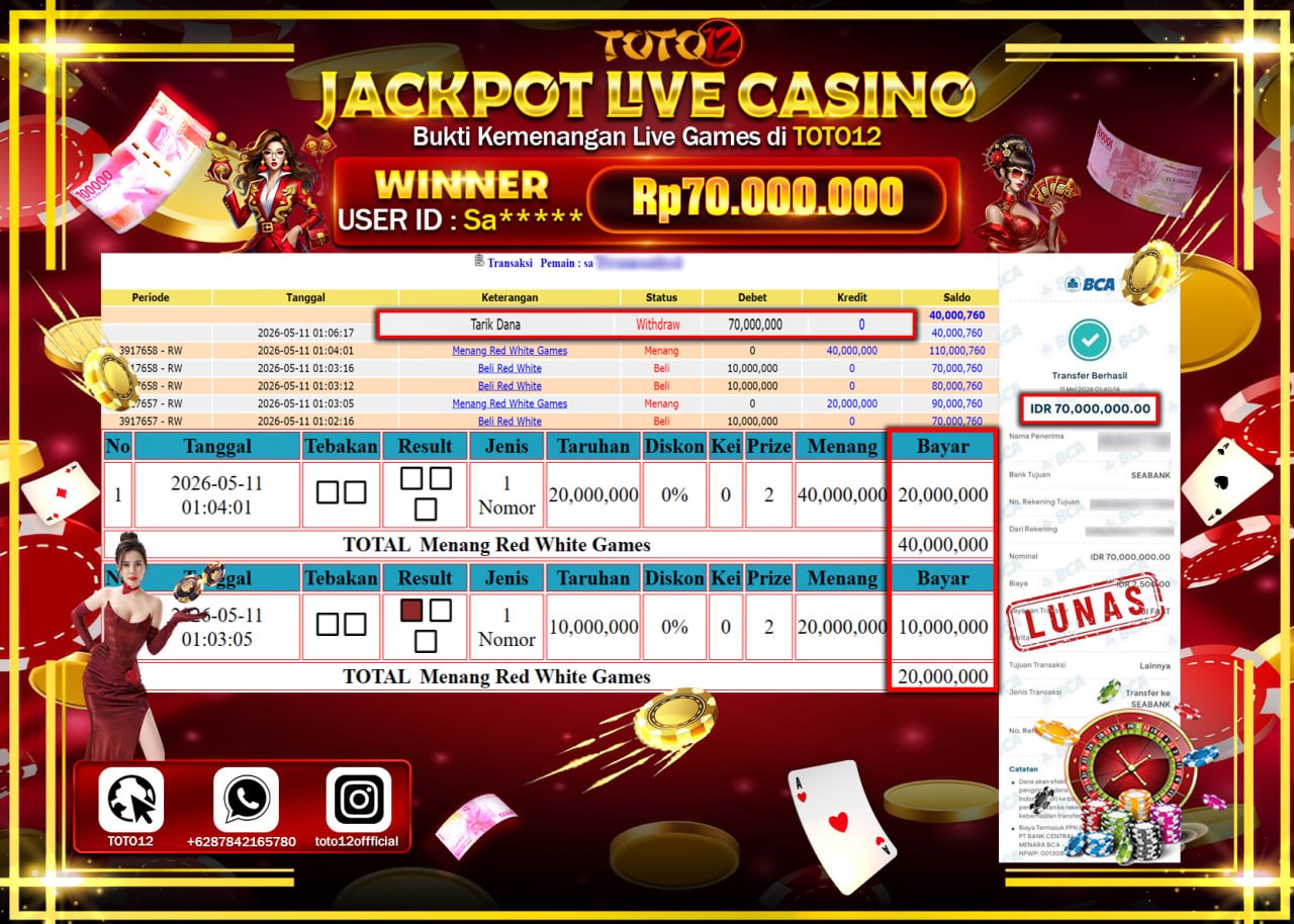 HANYA DI TOTO12 JP PASTI DI BAYAR LUNAS DAN CEPAT!!!!!! JACKPOT  LIVE GAME CASINO (RED WHITE) Rp70.000.000!!!!