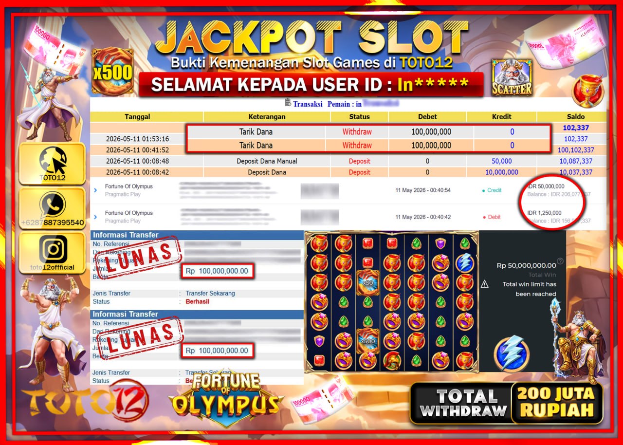 HANYA DI TOTO12 JP PASTI DI BAYAR LUNAS DAN CEPAT!!!!!! JACKPOT SLOT GAME (FORTUNE OF OLYMPUS) Rp200.000.000!!!!