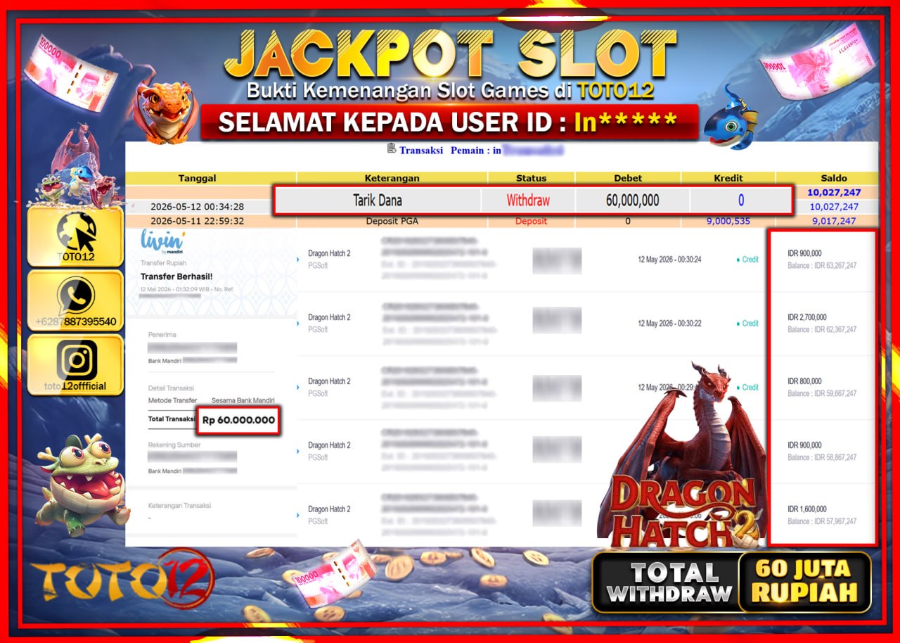 HANYA DI TOTO12 JP PASTI DI BAYAR LUNAS DAN CEPAT!!!!!! JACKPOT SLOT GAME (DRAGON HATCH 2) Rp60.000.000!!!!