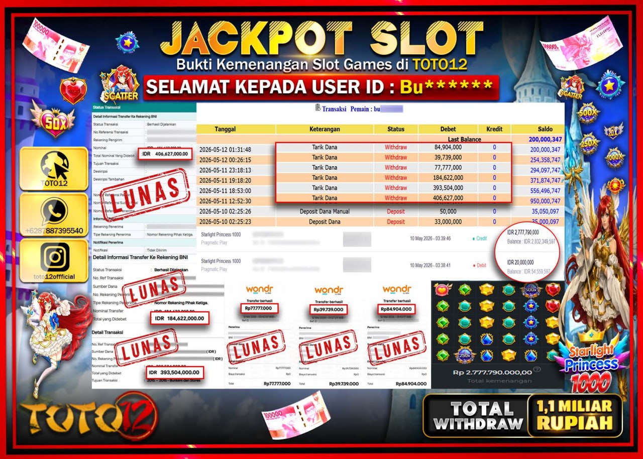 HANYA DI TOTO12 JP PASTI DI BAYAR LUNAS DAN CEPAT!!!!!! JACKPOT SLOT GAME (STARLIGHT PRINCESS 1000) Rp1.187.173.000!!!!