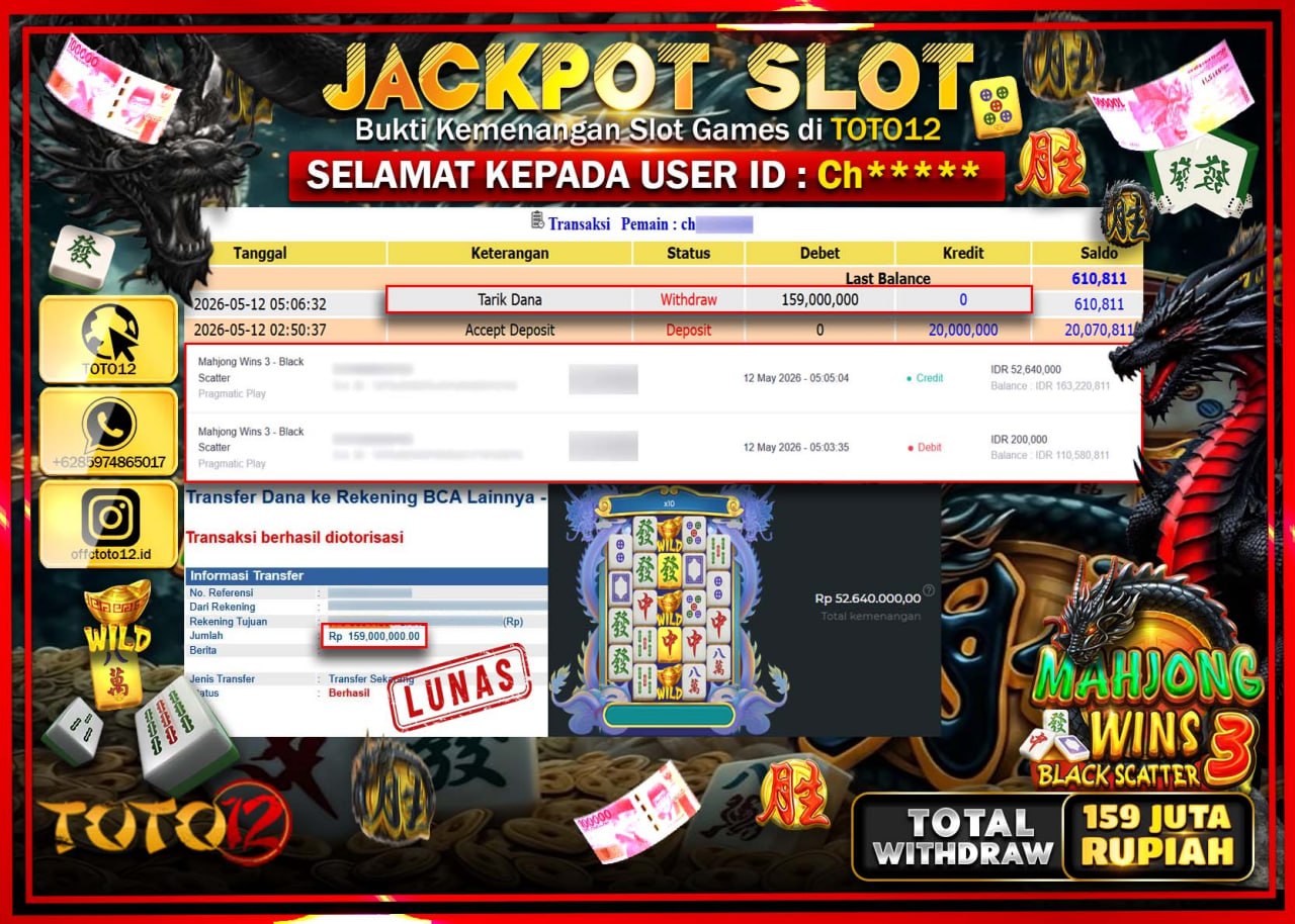HANYA DI TOTO12 JP PASTI DI BAYAR LUNAS DAN CEPAT!!!!!! JACKPOT SLOT GAME (MAHJONG WINS 3 BLACK SCATTER) Rp159.000.000!!!!