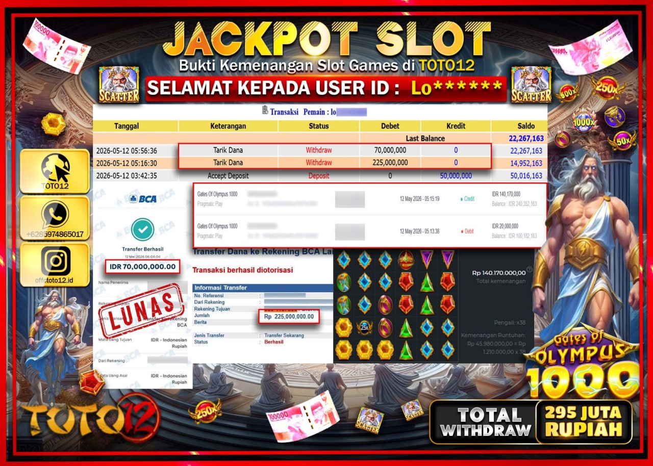 HANYA DI TOTO12 JP PASTI DI BAYAR LUNAS DAN CEPAT!!!!!! JACKPOT SLOT GAME (GATES OF OLYMPUS 1000) Rp295.000.000!!!!