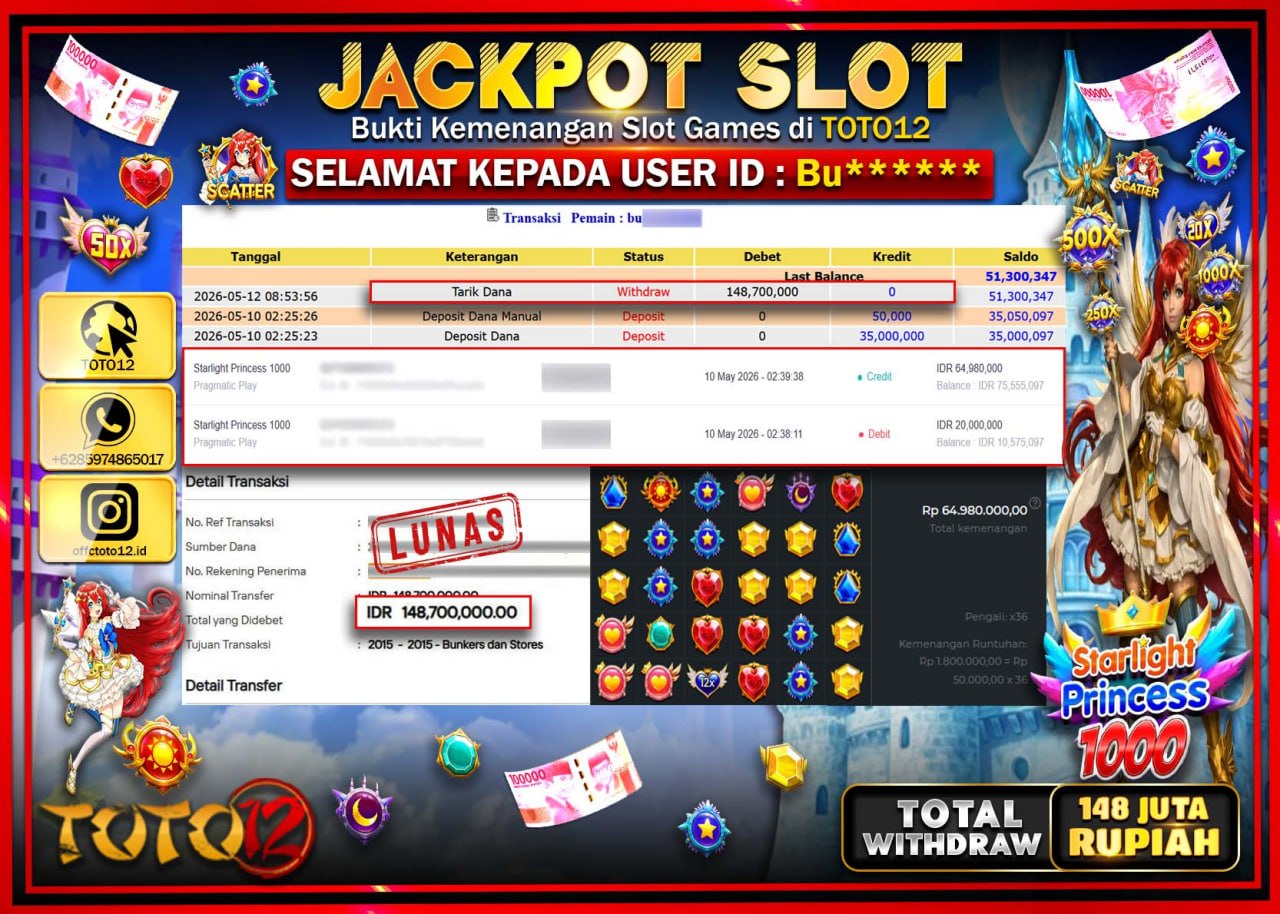 HANYA DI TOTO12 JP PASTI DI BAYAR LUNAS DAN CEPAT!!!!!! JACKPOT SLOT GAME (STARLIGHT PRINCES 1000) Rp148.700.000!!!!