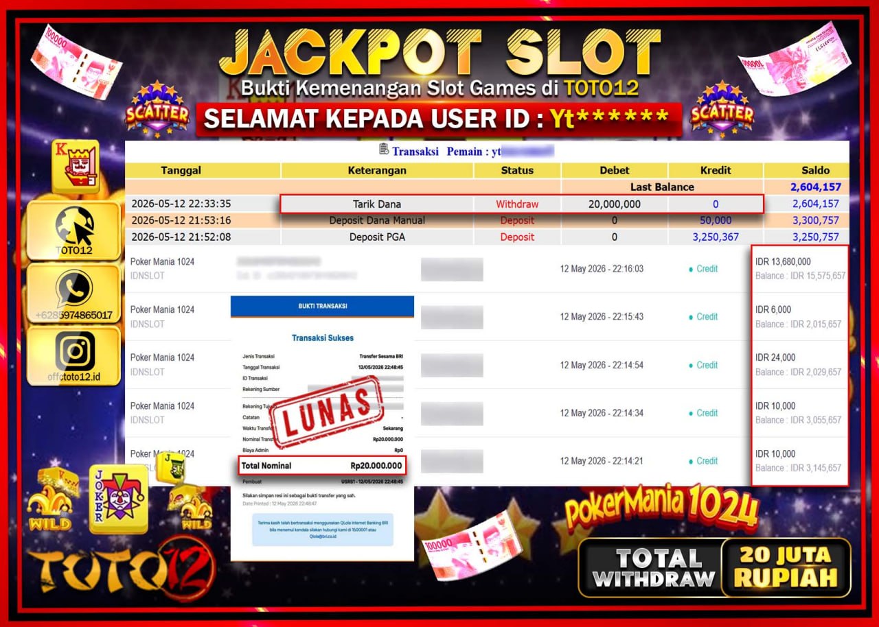 HANYA DI TOTO12 JP PASTI DI BAYAR LUNAS DAN CEPAT!!!!!! JACKPOT SLOT GAME (POKER MANIA 1024) Rp20.000.000!!!!