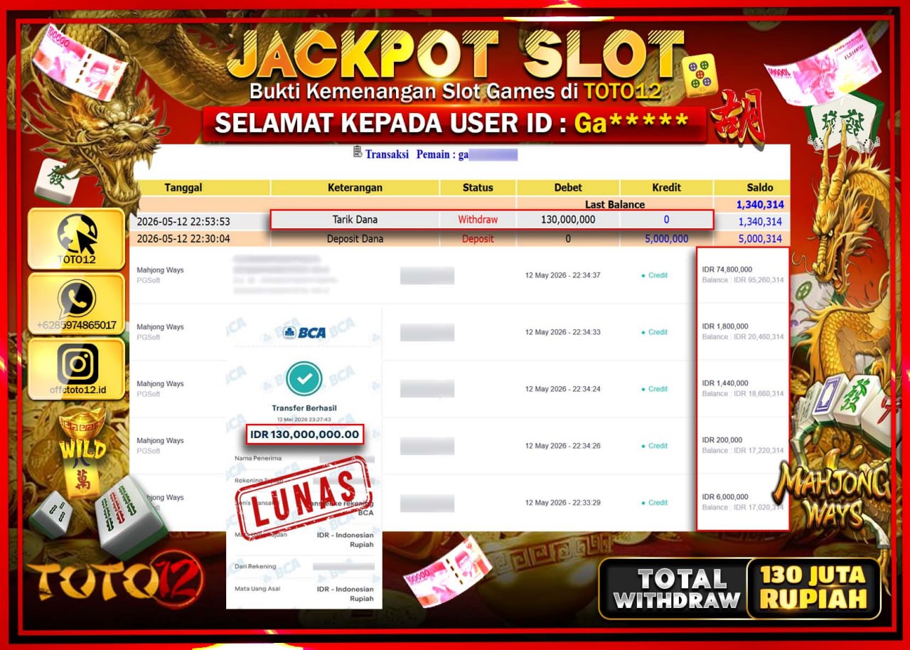 HANYA DI TOTO12 JP PASTI DI BAYAR LUNAS DAN CEPAT!!!!!! JACKPOT SLOT GAME (MAHJONG WAYS) Rp130.000.000!!!!