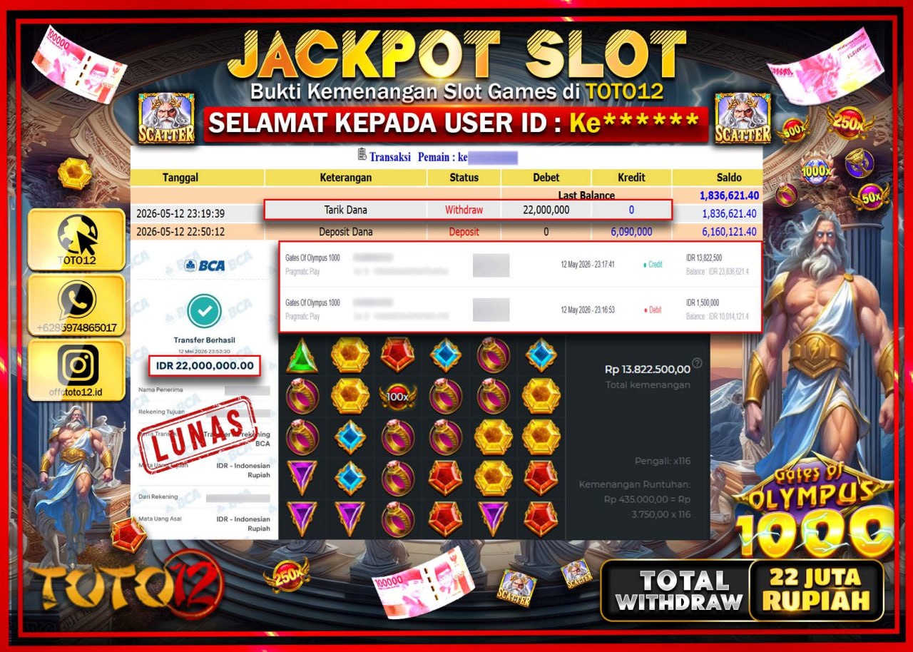 HANYA DI TOTO12 JP PASTI DI BAYAR LUNAS DAN CEPAT!!!!!! JACKPOT SLOT GAME (GATES OF OLYMPUS 1000) Rp22.000.000!!!!