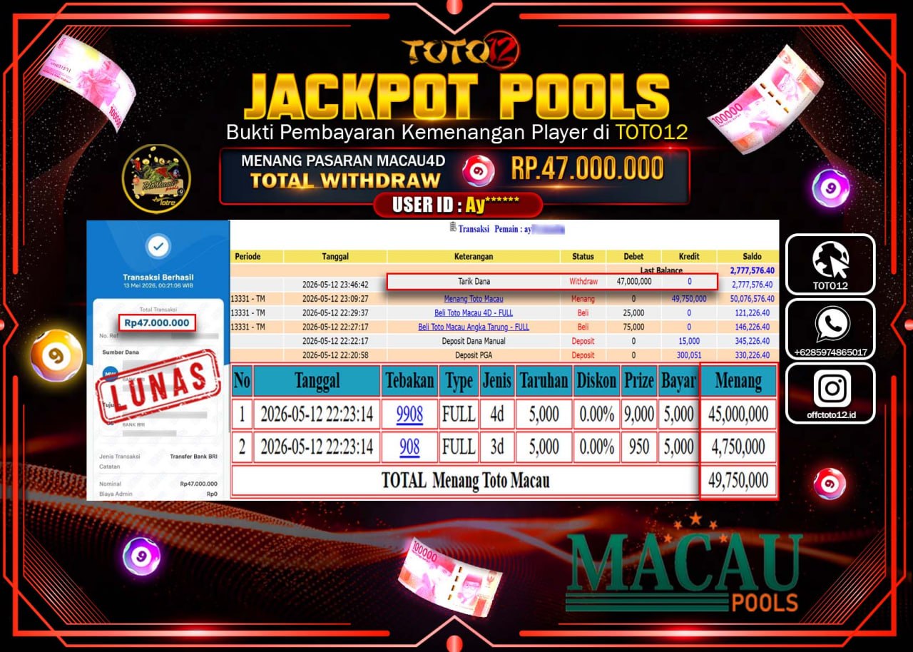 HANYA DI TOTO12 JP PASTI DI BAYAR LUNAS DAN CEPAT!!!!!! JACKPOT POOLS PASARAN (MACAU 4D) Rp47.000.000!!!!