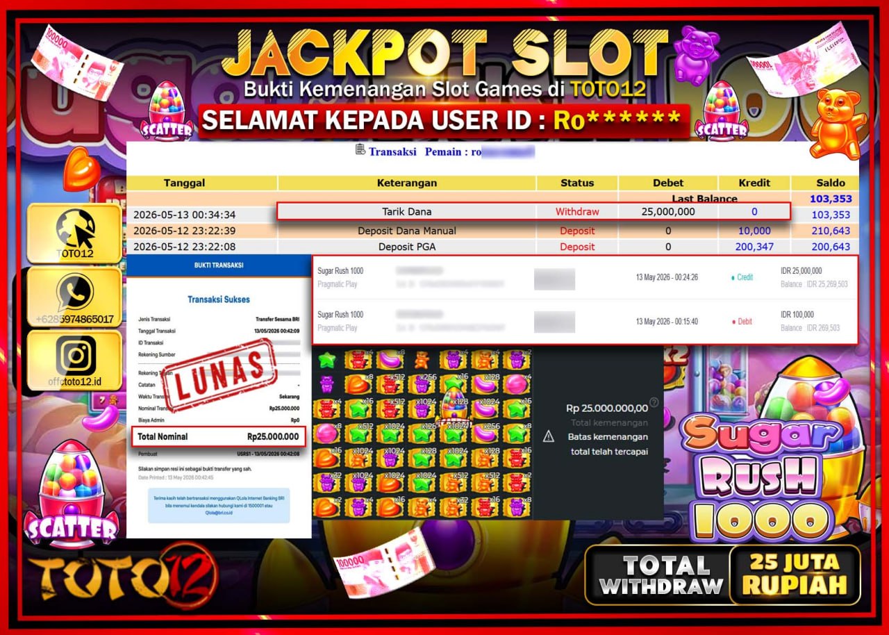 HANYA DI TOTO12 JP PASTI DI BAYAR LUNAS DAN CEPAT!!!!!! JACKPOT SLOT GAME (SUGAR RUSH 1000) Rp25.000.000!!!!