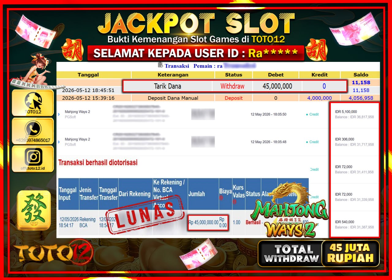 HANYA DI TOTO12 JP PASTI DI BAYAR LUNAS DAN CEPAT!!!!!! JACKPOT SLOT GAME (MAHJONG WAYS 2) Rp45.000.000!!!!