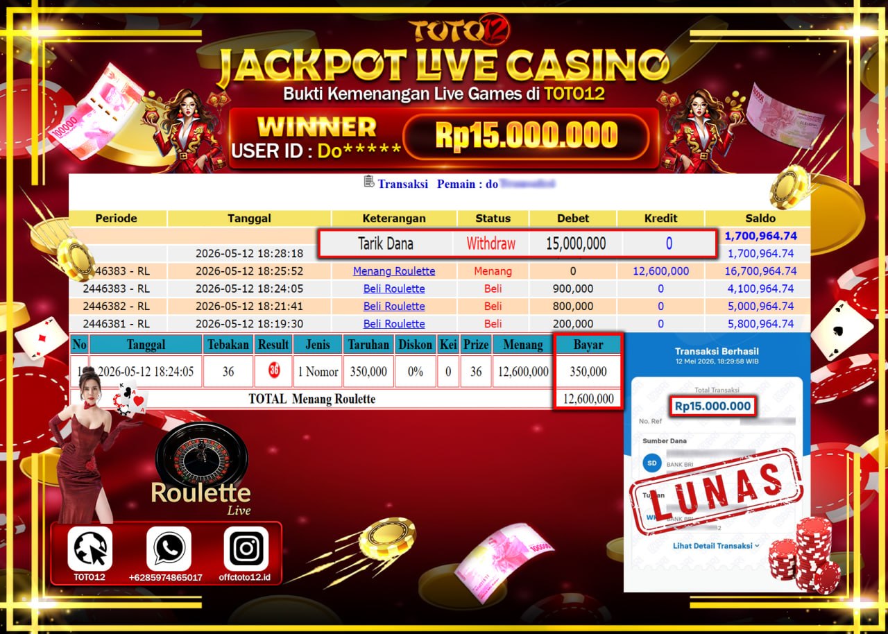 HANYA DI TOTO12 JP PASTI DI BAYAR LUNAS DAN CEPAT!!!!!! JACKPOT  LIVE GAME CASINO (ROULETTE) Rp15.000.000!!!!