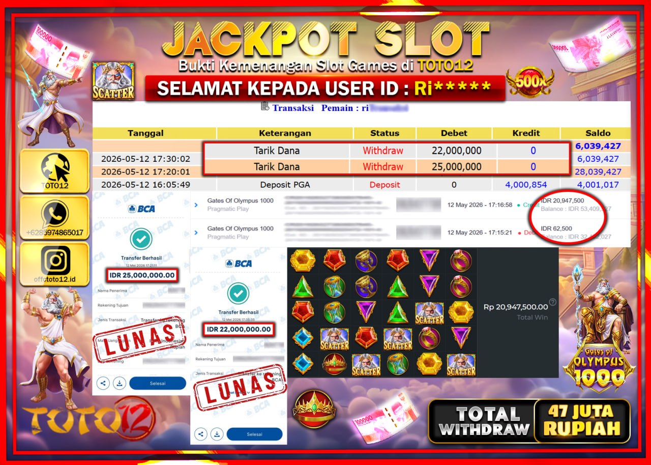 HANYA DI TOTO12 JP PASTI DI BAYAR LUNAS DAN CEPAT!!!!!! JACKPOT SLOT GAME (GATES OF OLYMPUS 1000) Rp47.000.000!!!!