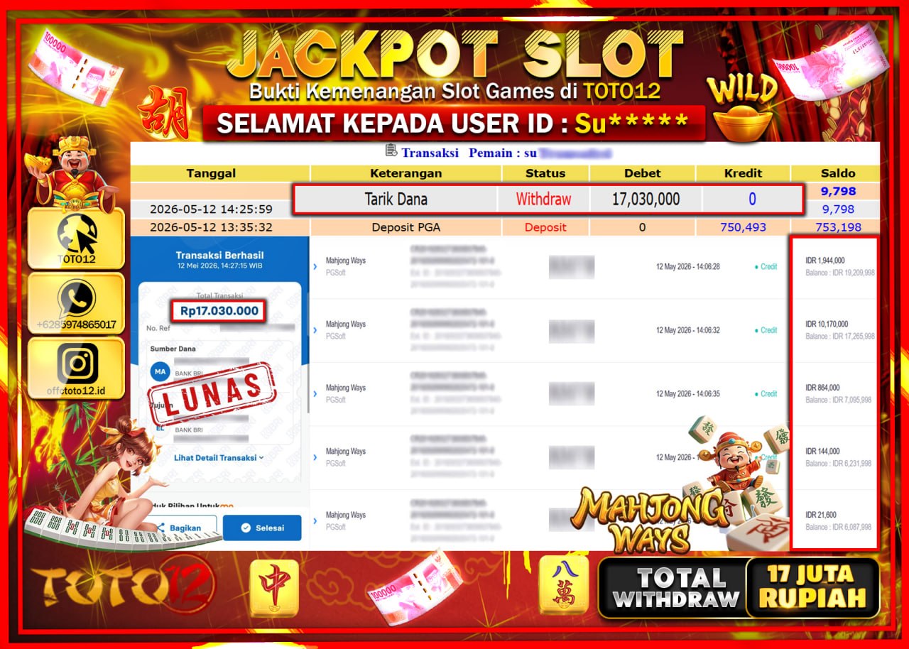HANYA DI TOTO12 JP PASTI DI BAYAR LUNAS DAN CEPAT!!!!!! JACKPOT SLOT GAME (MAHJONG WAYS) Rp17.030.000!!!!