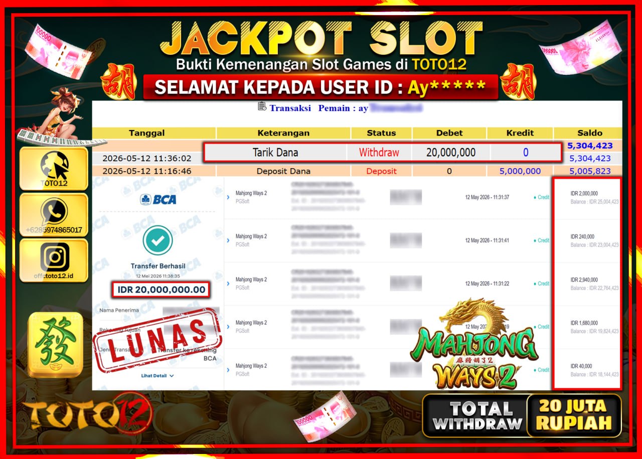 HANYA DI TOTO12 JP PASTI DI BAYAR LUNAS DAN CEPAT!!!!!! JACKPOT SLOT GAME (MAHJONG WAYS 2) Rp20.000.000!!!!