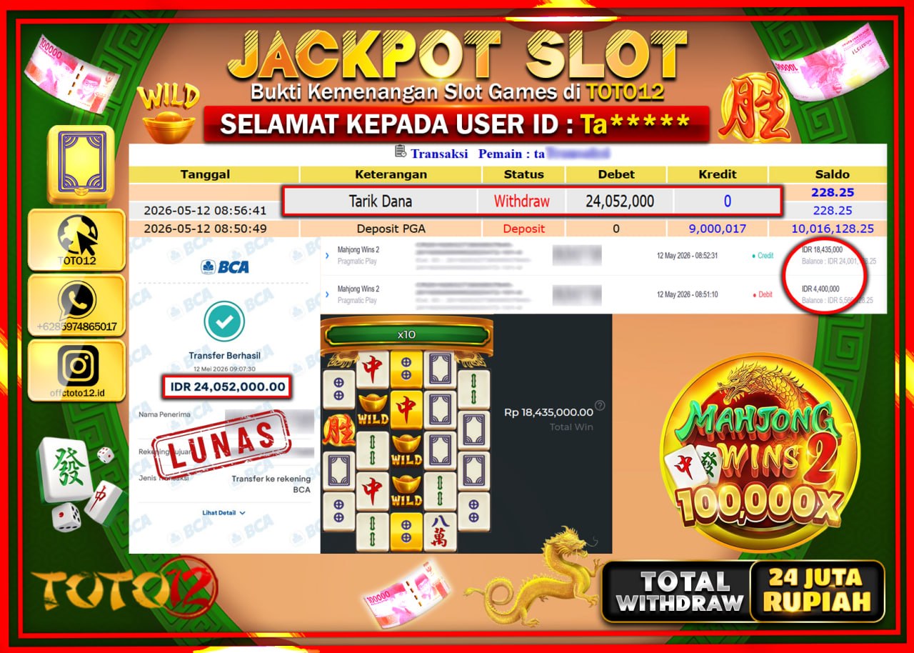 HANYA DI TOTO12 JP PASTI DI BAYAR LUNAS DAN CEPAT!!!!!! JACKPOT SLOT GAME (MAHJONG WINS 2) Rp24.052.000!!!!