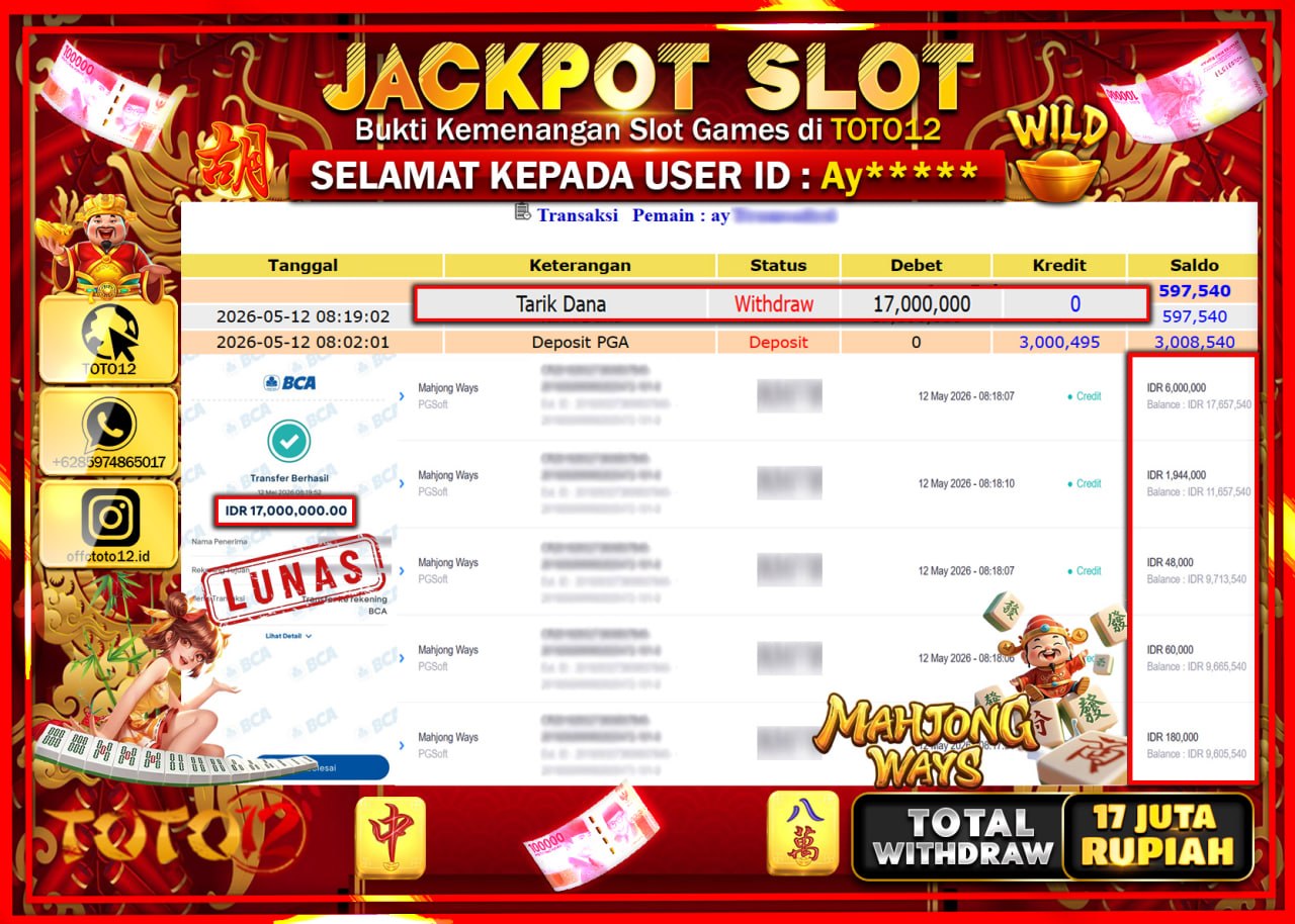 HANYA DI TOTO12 JP PASTI DI BAYAR LUNAS DAN CEPAT!!!!!! JACKPOT SLOT GAME (MAHJONG WAYS) Rp17.000.000!!!!