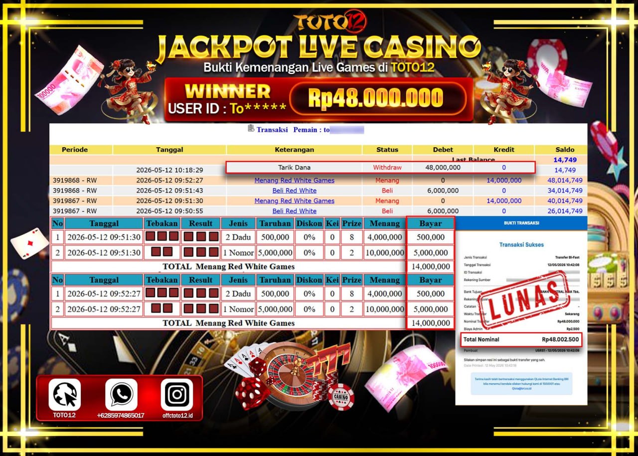 HANYA DI TOTO12 JP PASTI DI BAYAR LUNAS DAN CEPAT!!!!!! JACKPOT  LIVE GAME CASINO (RED WHITE) Rp48.000.000!!!!